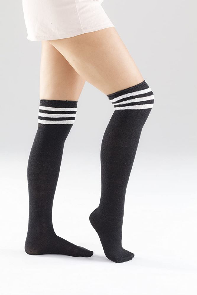 Yacht And Smith Womens Over The Knee Socks Referee Style Thigh High Socks Style 3 Pairs Black 