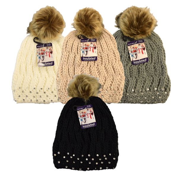 Winter Pom Pom Hat With Rhinestones Assorted Colors 24 pack - at ...