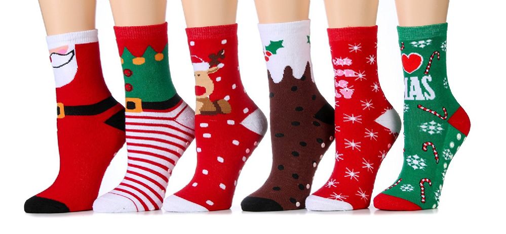 Women Christmas Fun Colorful Printed Holiday Socks (Assorted 6 Pack Non Skid/Gripper Bottom 6 