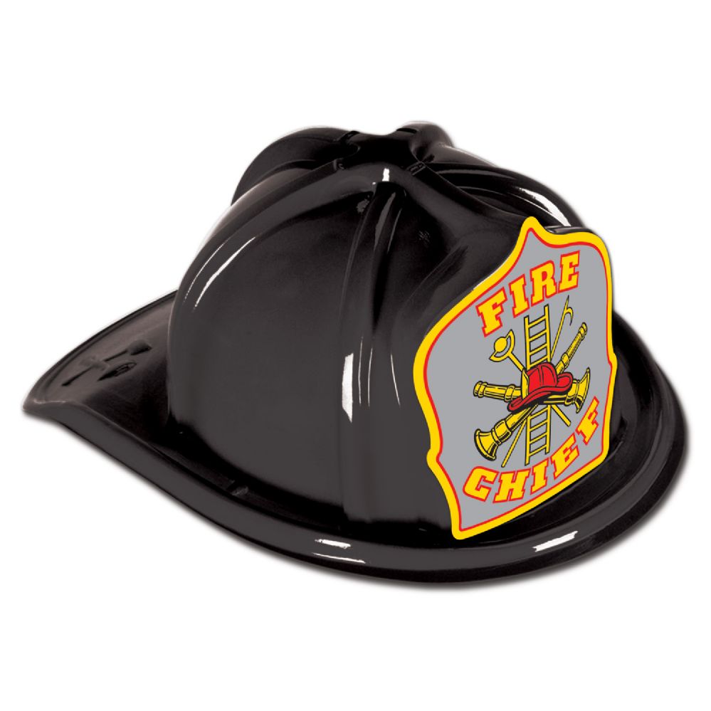 Black Plastic Fire Chief Hat silver shield; medium head size; elastic ...